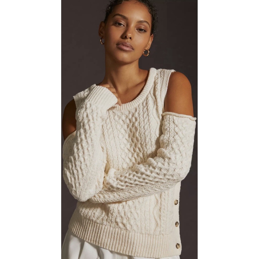 Pilcro Anthropologie Cutout Fisherman Sweater Ivory Buttons Size S